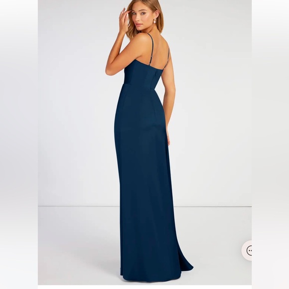 AZAZIE BONA Stretch Dark Navy A-Line V-Neck Pleated Stretch Satin - Picture 2 of 16